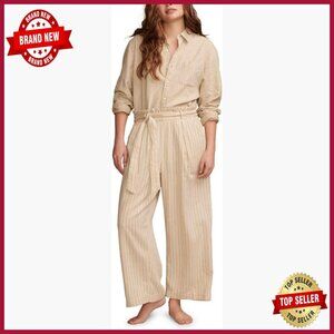 High Rise Paperbag Waist Hemp Pants, Self-Tie Belt, Loose Fit Casual